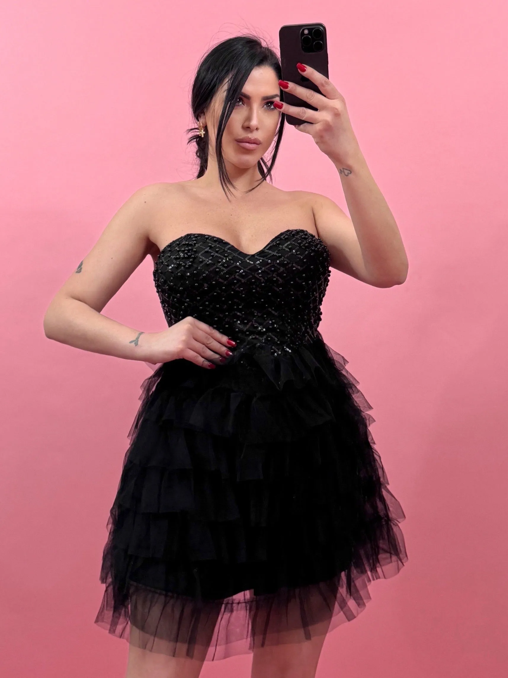 Abito con corpetto impreziosito da perline e paillettes e gonna con balze in tulle “Ilenia”