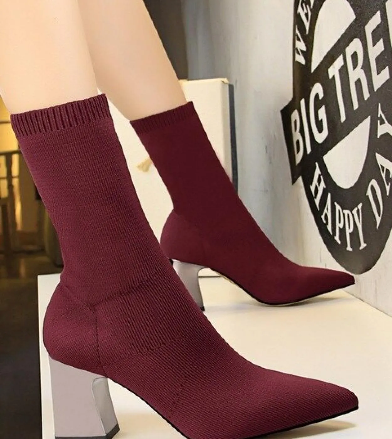 Bigtree Stretch Lycral Tacco quadrato Conciso Stivali da donna Punta a punta Tacchi alti 7cm Stivali Moda donna Stivali corti