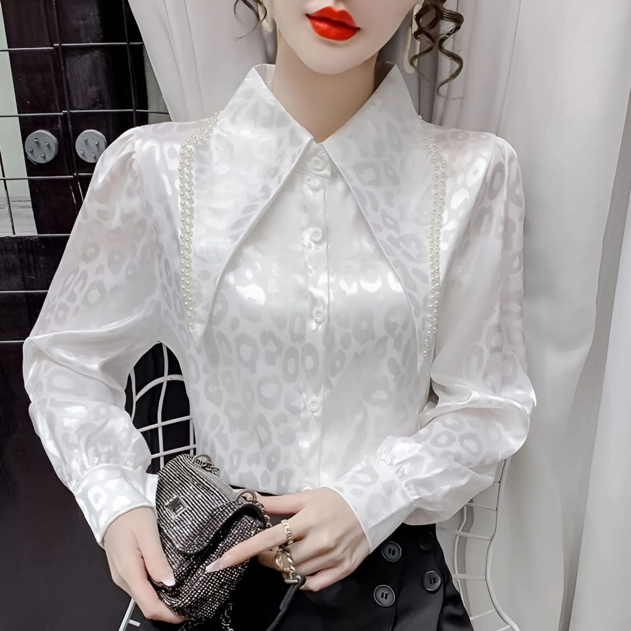 Camicia Donna Bottoni Colletto Perle Gioiello Sottogiacca Raso Elegante
