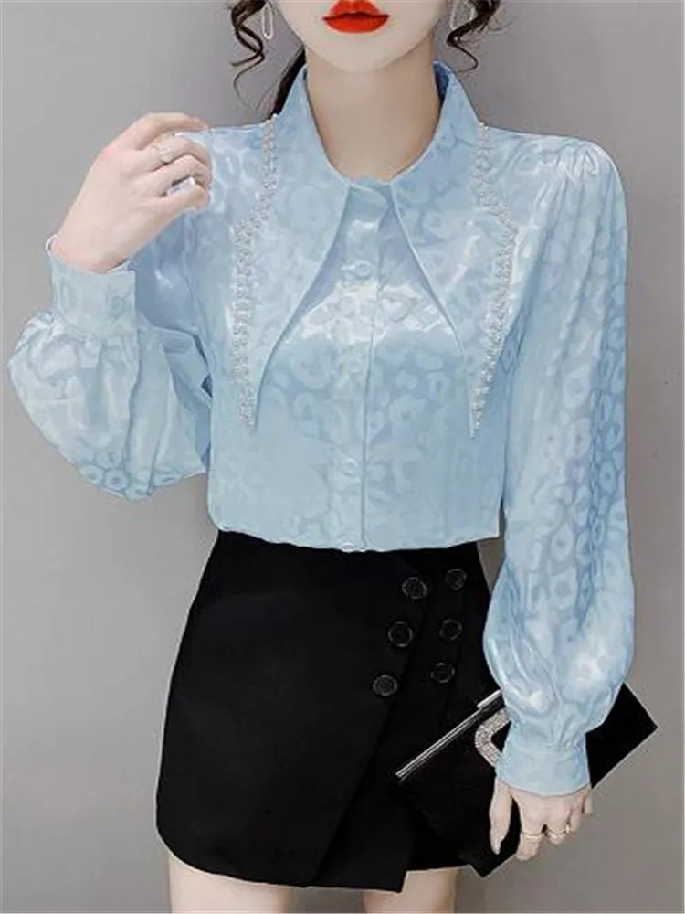 Camicia Donna Bottoni Colletto Perle Gioiello Sottogiacca Raso Elegante