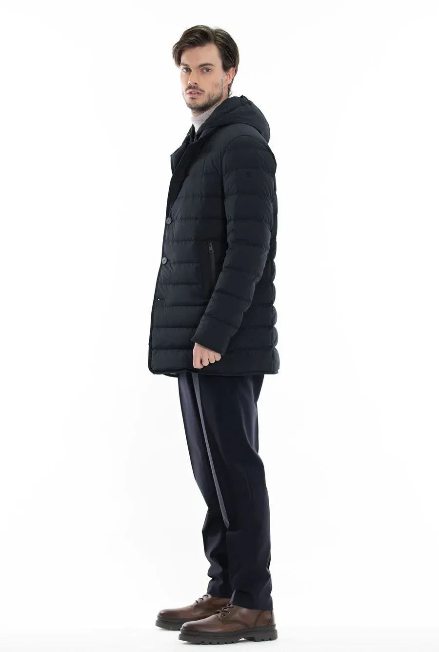 Long down jacket in Duno technical fabric / Blue