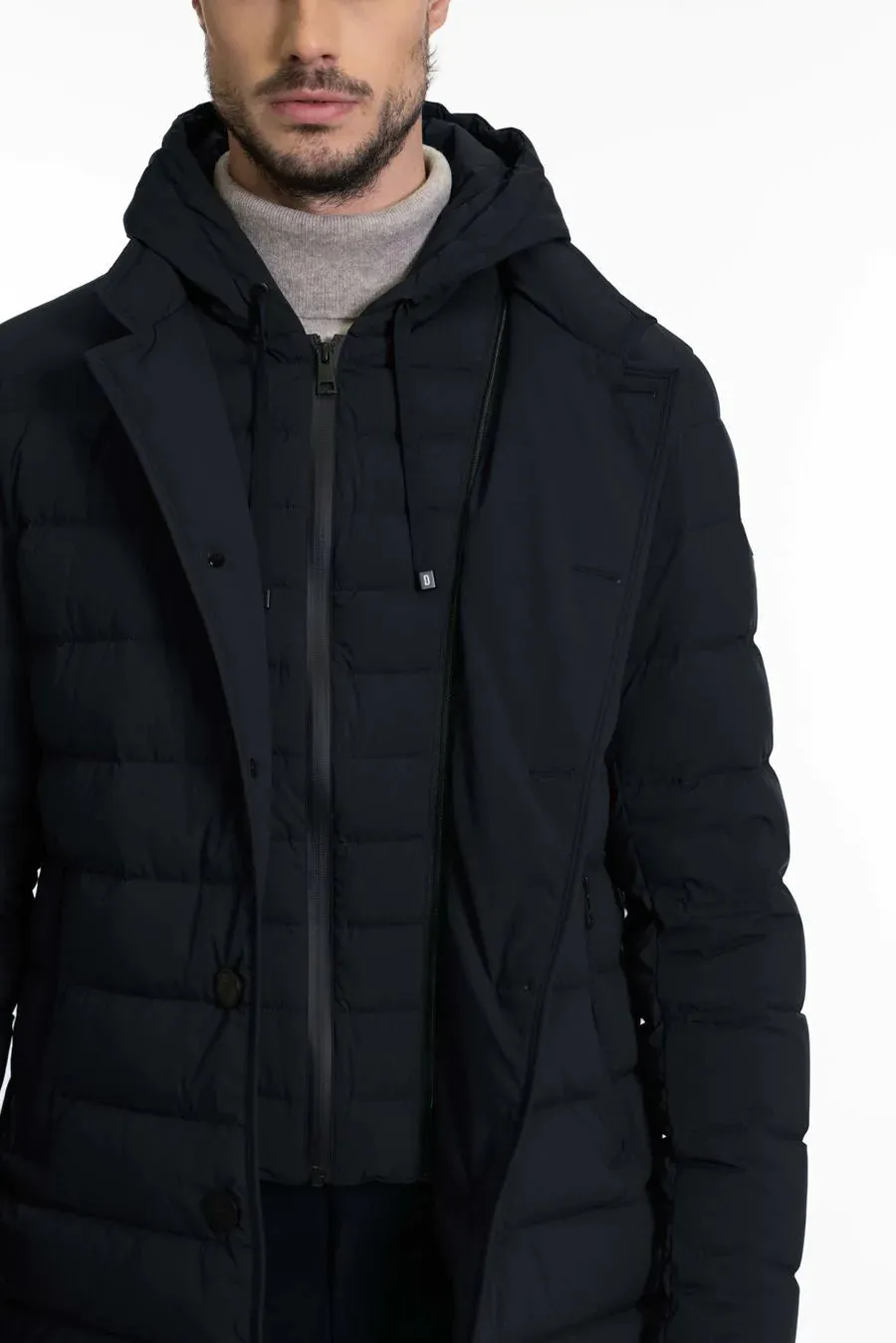 Long down jacket in Duno technical fabric / Blue