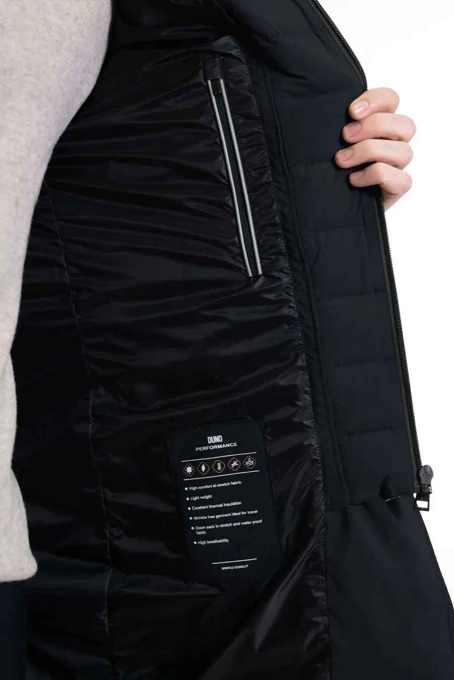 Long down jacket in Duno technical fabric / Blue