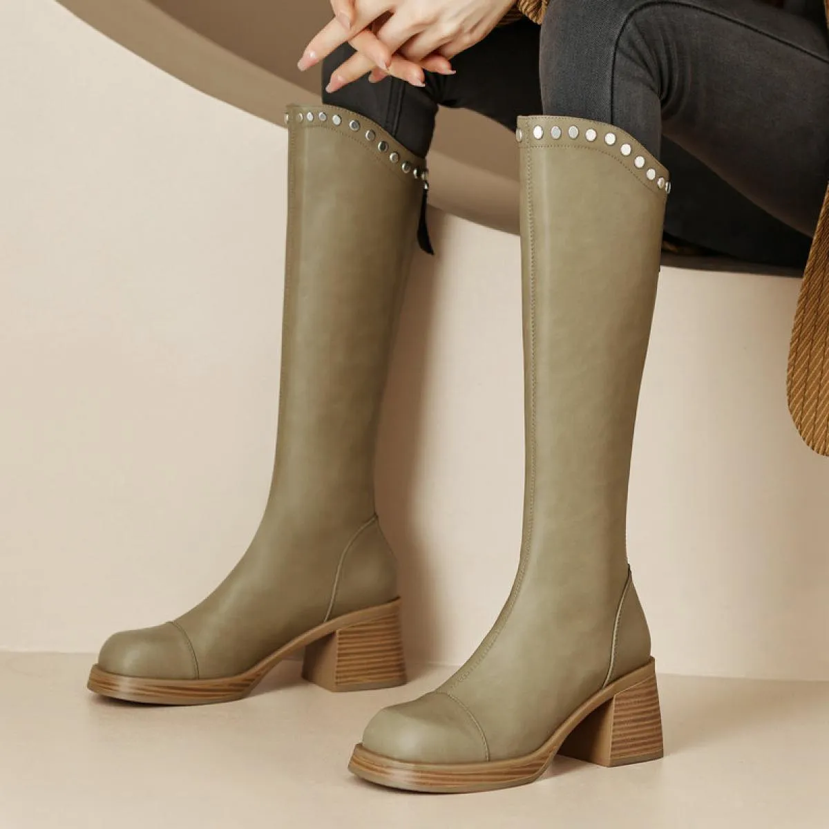Moda Donna Stivali alti al ginocchio Autunno Inverno Vera pelle Tacchi alti Office Lady Scarpe eleganti Donna