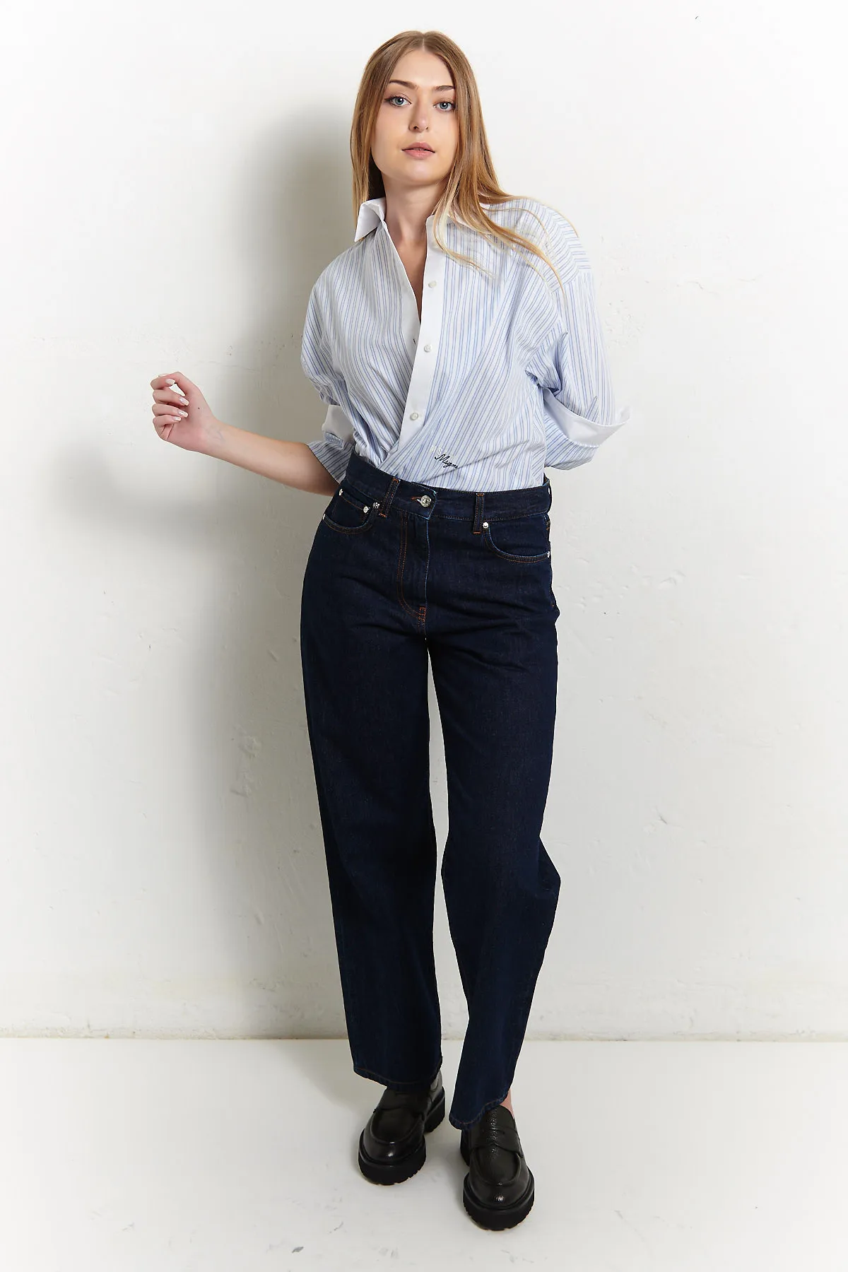 MSGM Camicia a righe con collo e polsi bianchi e stampa sulla schiena