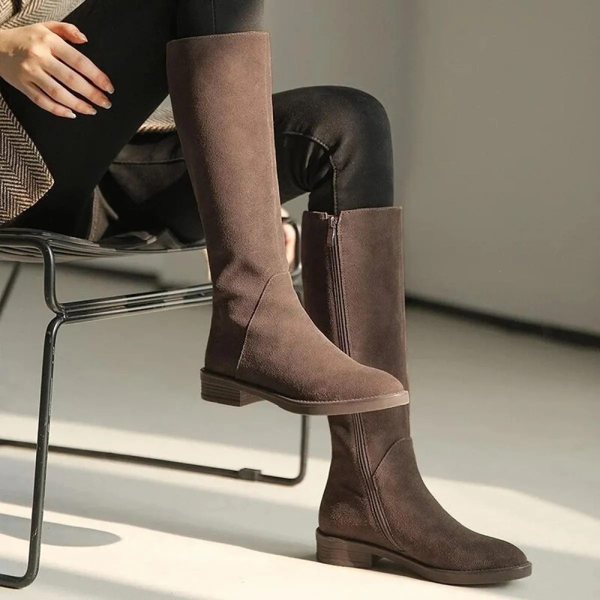 Nuova donna in pelle scamosciata invernale con tacco spesso stivali da donna stivali da equitazione caldi stivali alti antiscivo