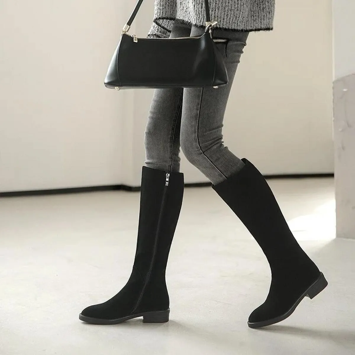 Nuova donna in pelle scamosciata invernale con tacco spesso stivali da donna stivali da equitazione caldi stivali alti antiscivo