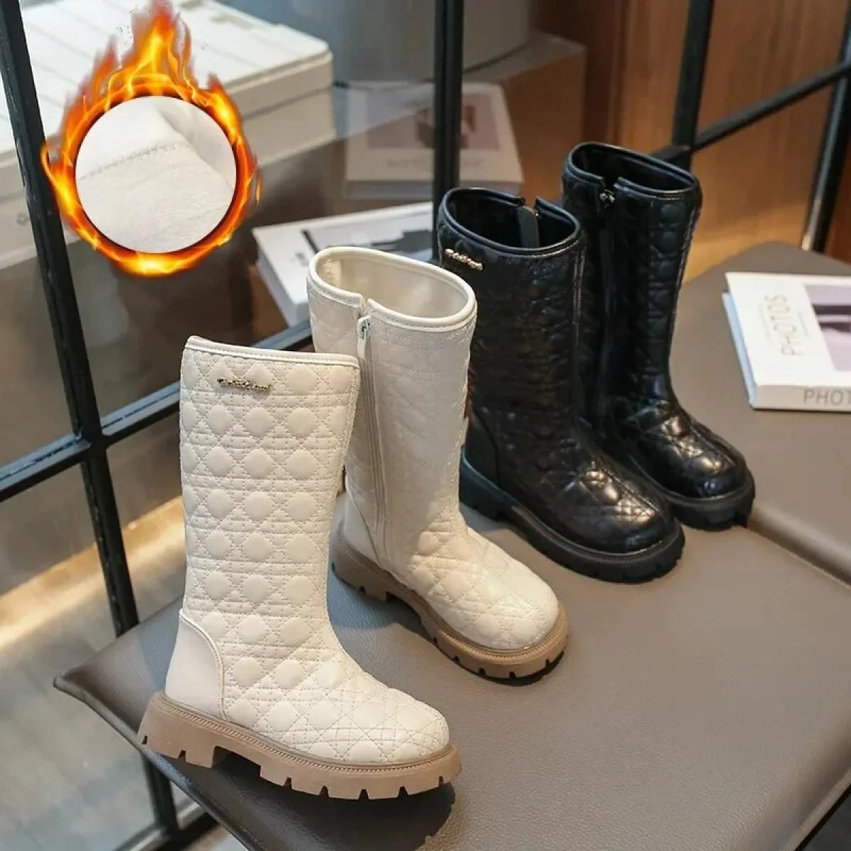 Nuovi stivali da ragazza autunno inverno 2024 stivali alti al ginocchio in morbida pelle per bambini moda plaid Zip stivali lung