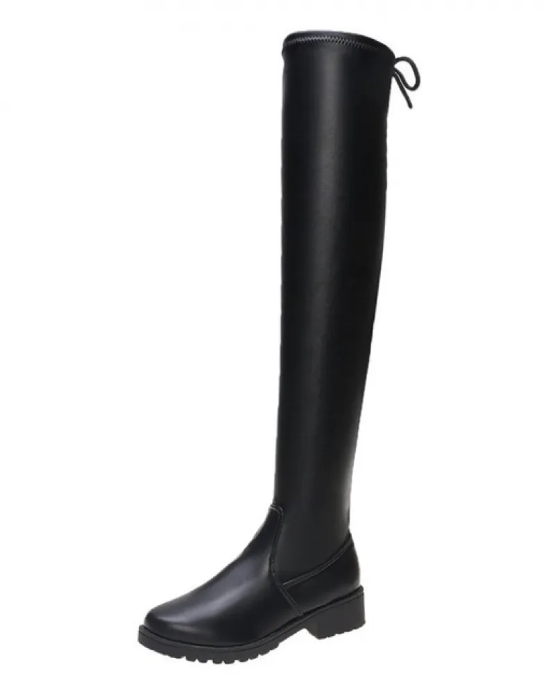 Stivali alti al ginocchio con micro elastico e tacco basso neri Stivali alti da donna in stile punk autunno e inverno con suola