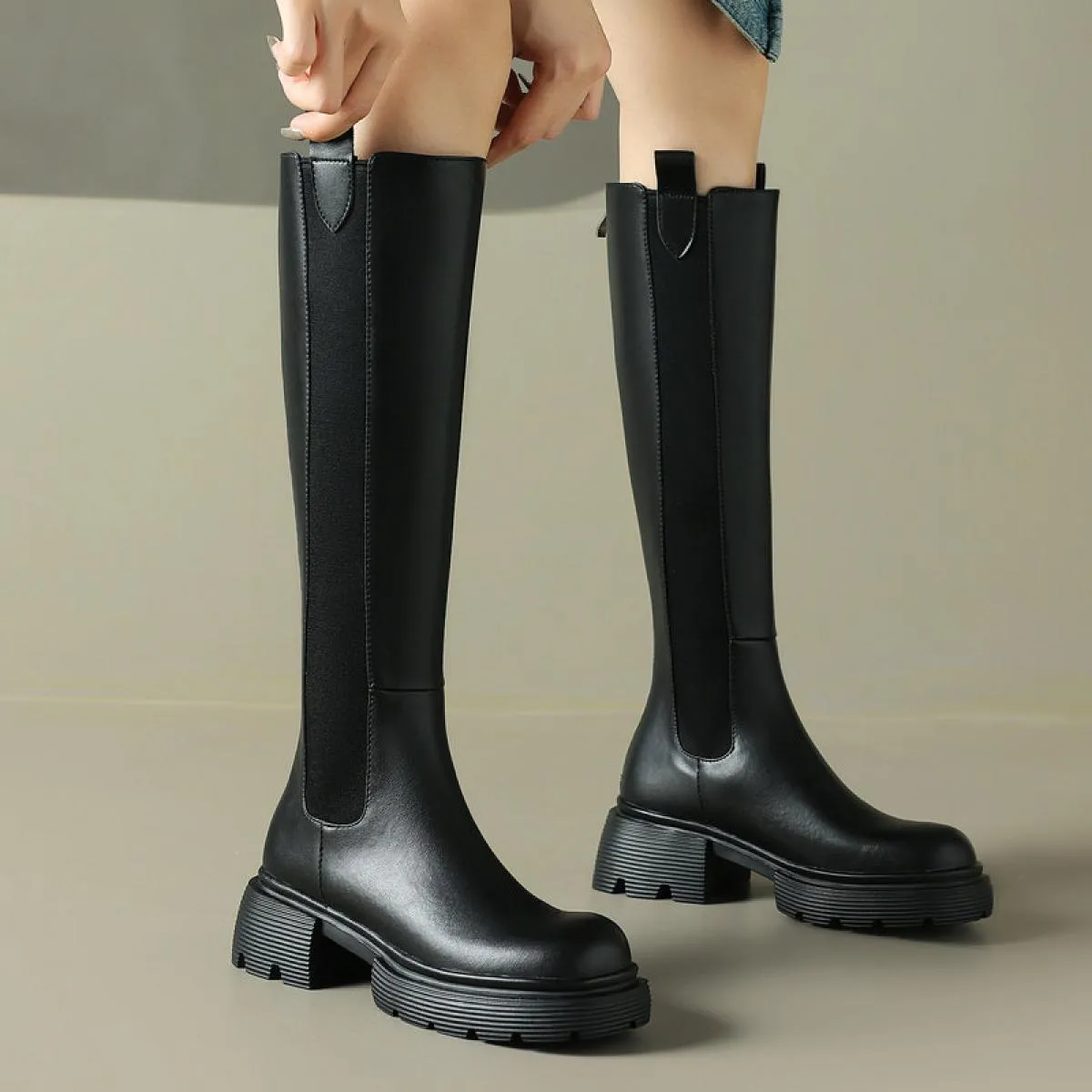 Stivali alti al ginocchio da donna eleganti Stivali con tacco spesso Stivali con punta tonda Autunno Inverno Cerniera posteriore