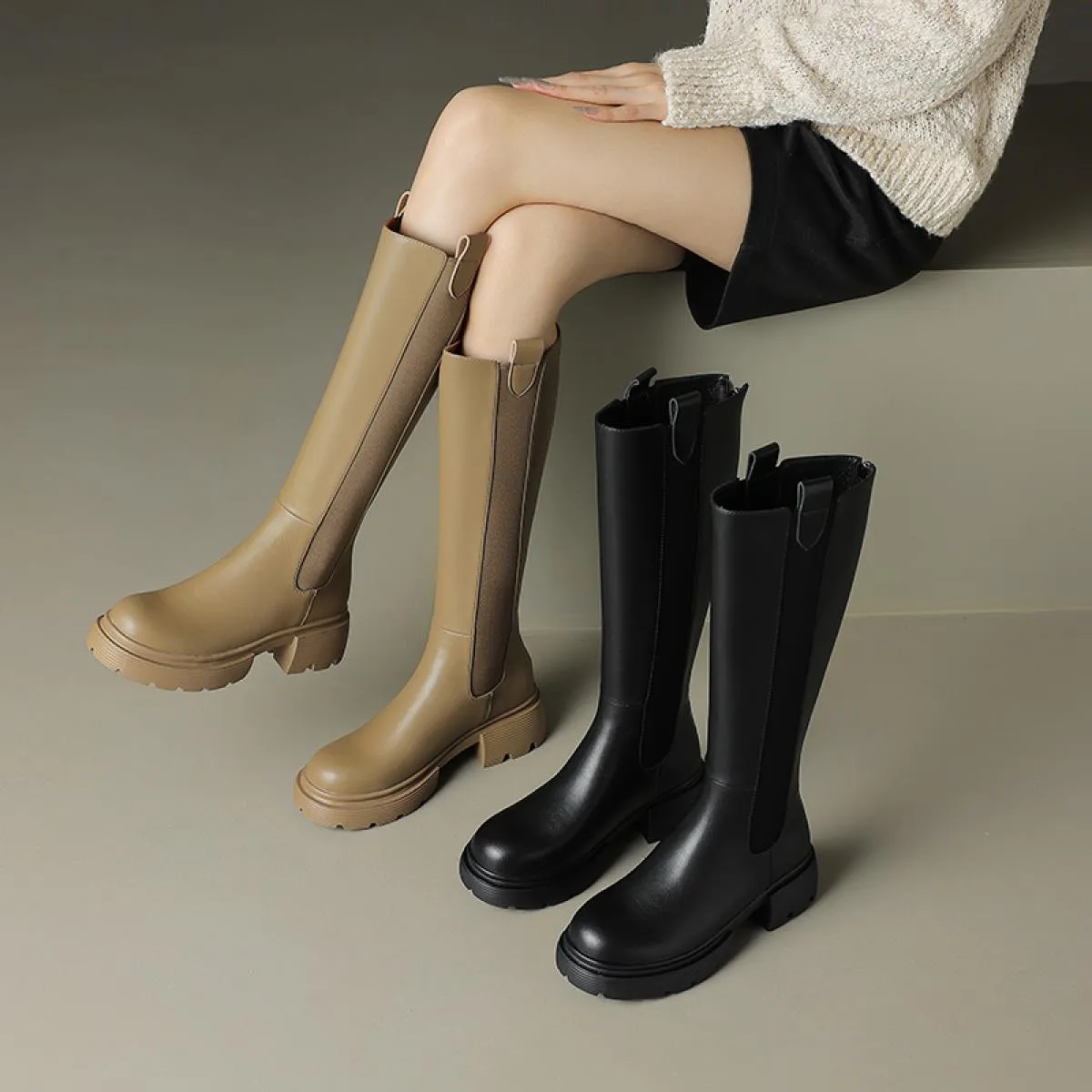 Stivali alti al ginocchio da donna eleganti Stivali con tacco spesso Stivali con punta tonda Autunno Inverno Cerniera posteriore