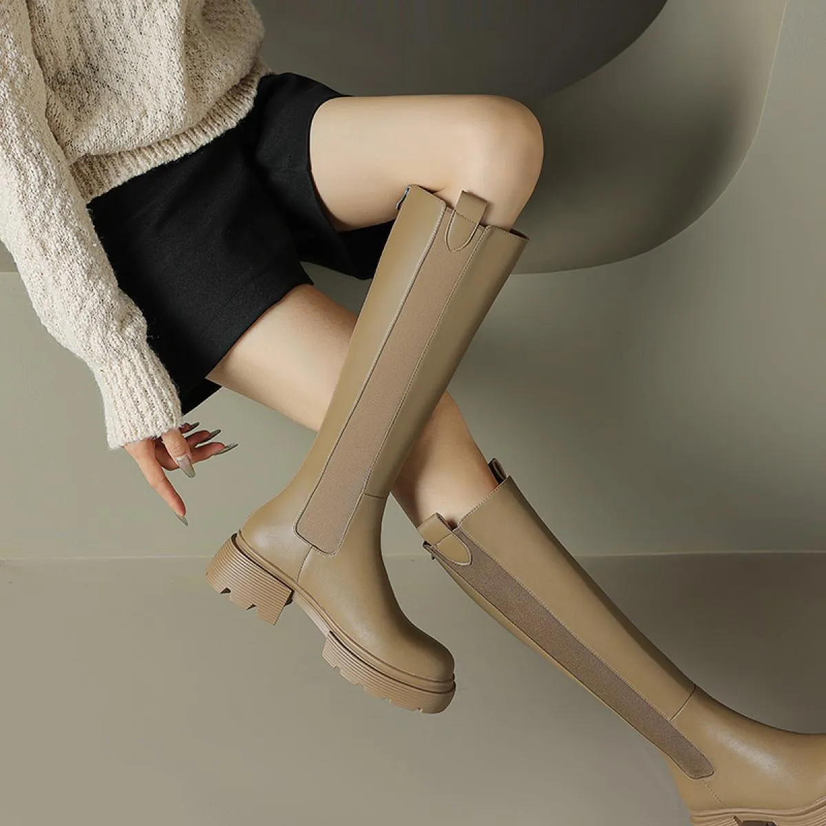 Stivali alti al ginocchio da donna eleganti Stivali con tacco spesso Stivali con punta tonda Autunno Inverno Cerniera posteriore