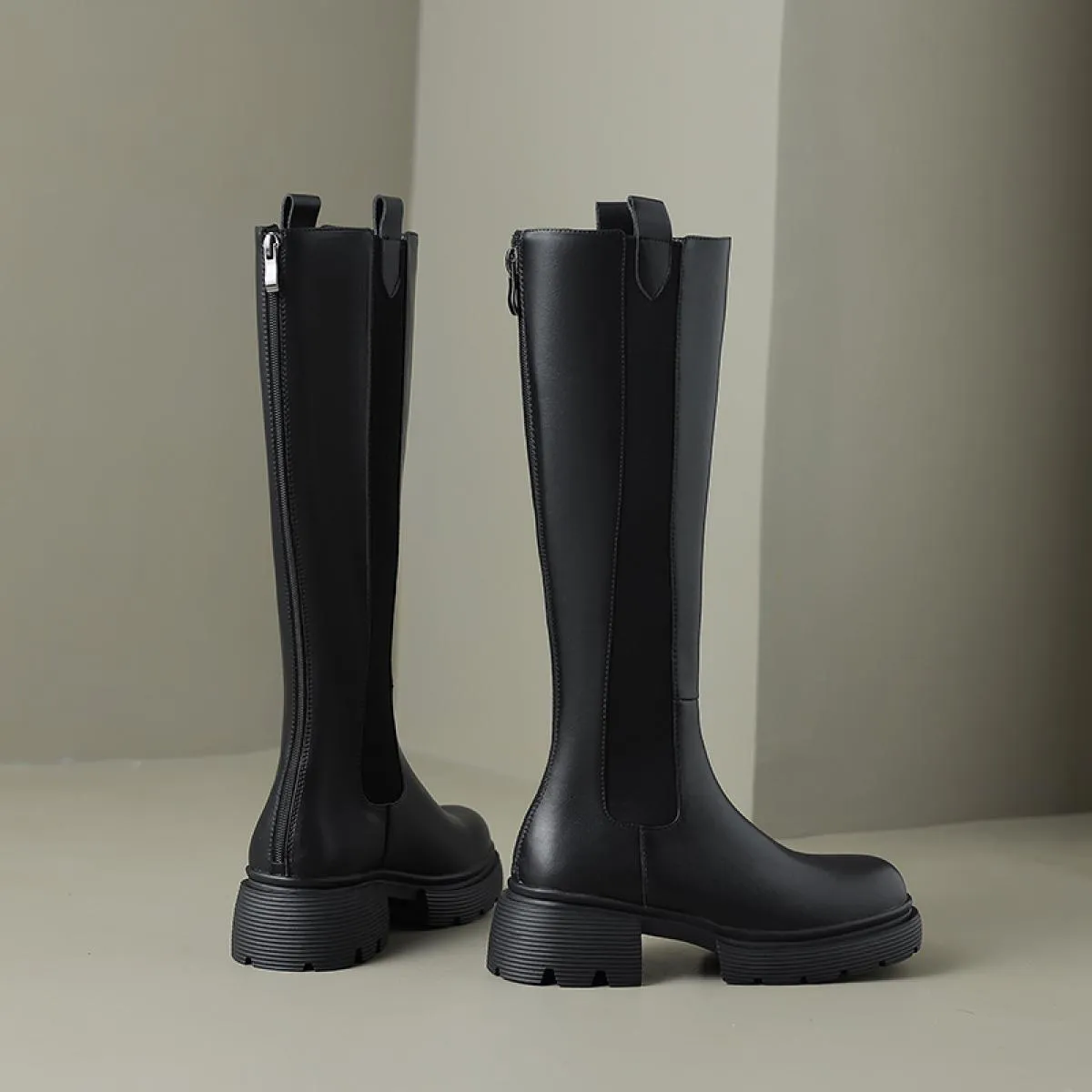 Stivali alti al ginocchio da donna eleganti Stivali con tacco spesso Stivali con punta tonda Autunno Inverno Cerniera posteriore