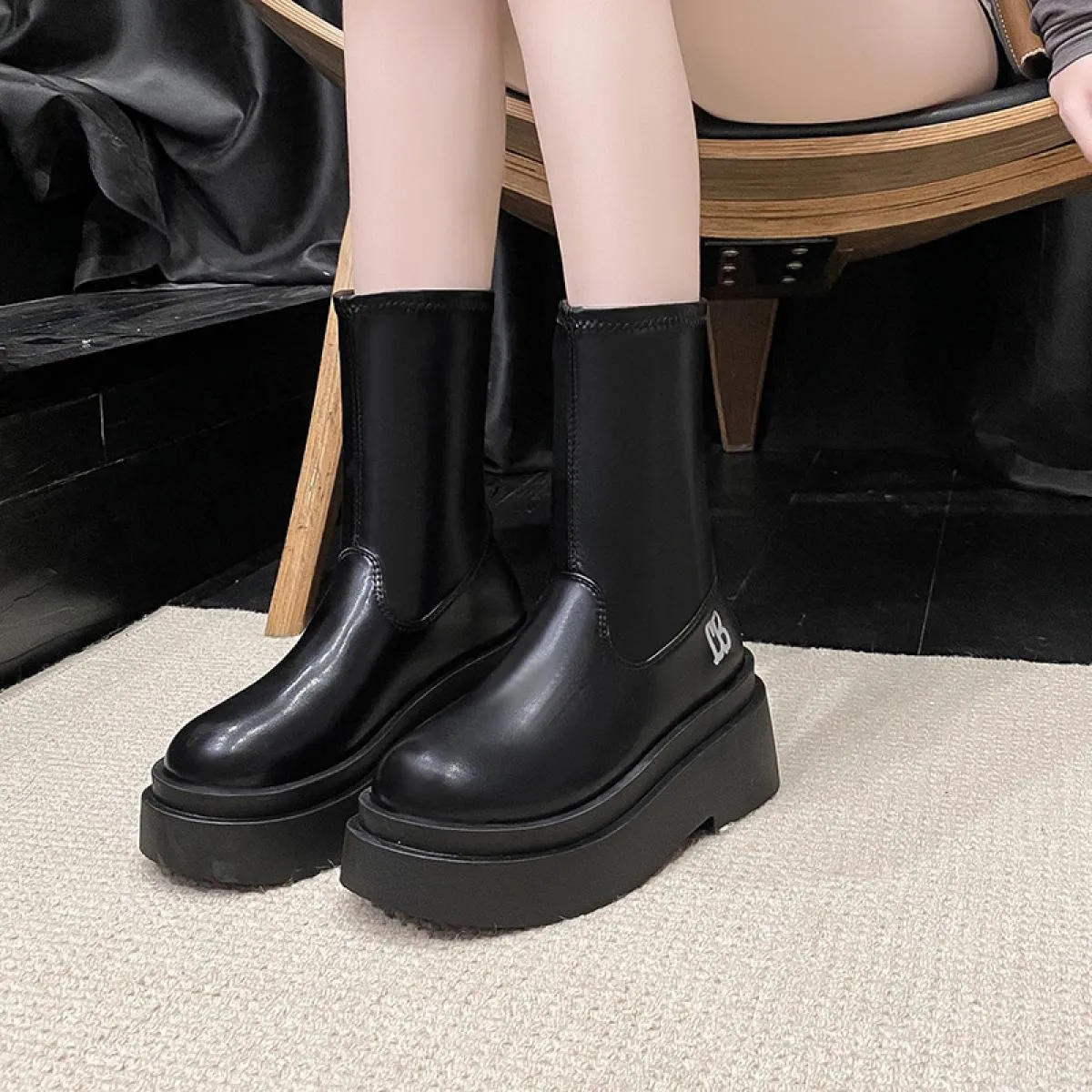 Stivali alti al ginocchio da donna Stivali alti con fibbia in pelle con cerniera da donna Tacchi bassi da donna Cintura con fibb