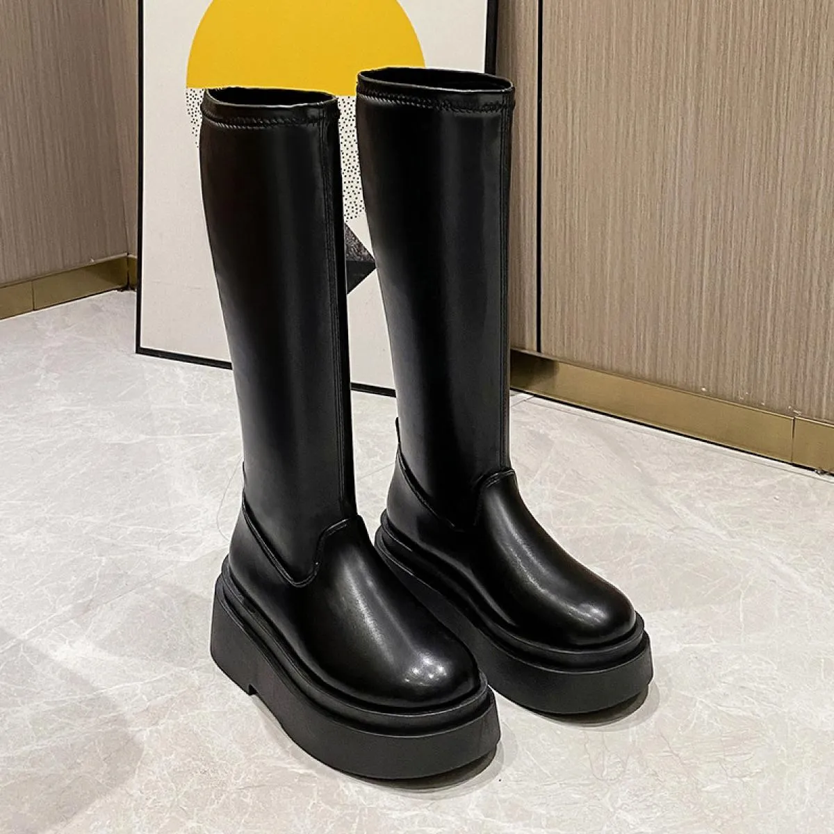 Stivali alti al ginocchio da donna Stivali alti con fibbia in pelle con cerniera da donna Tacchi bassi da donna Cintura con fibb