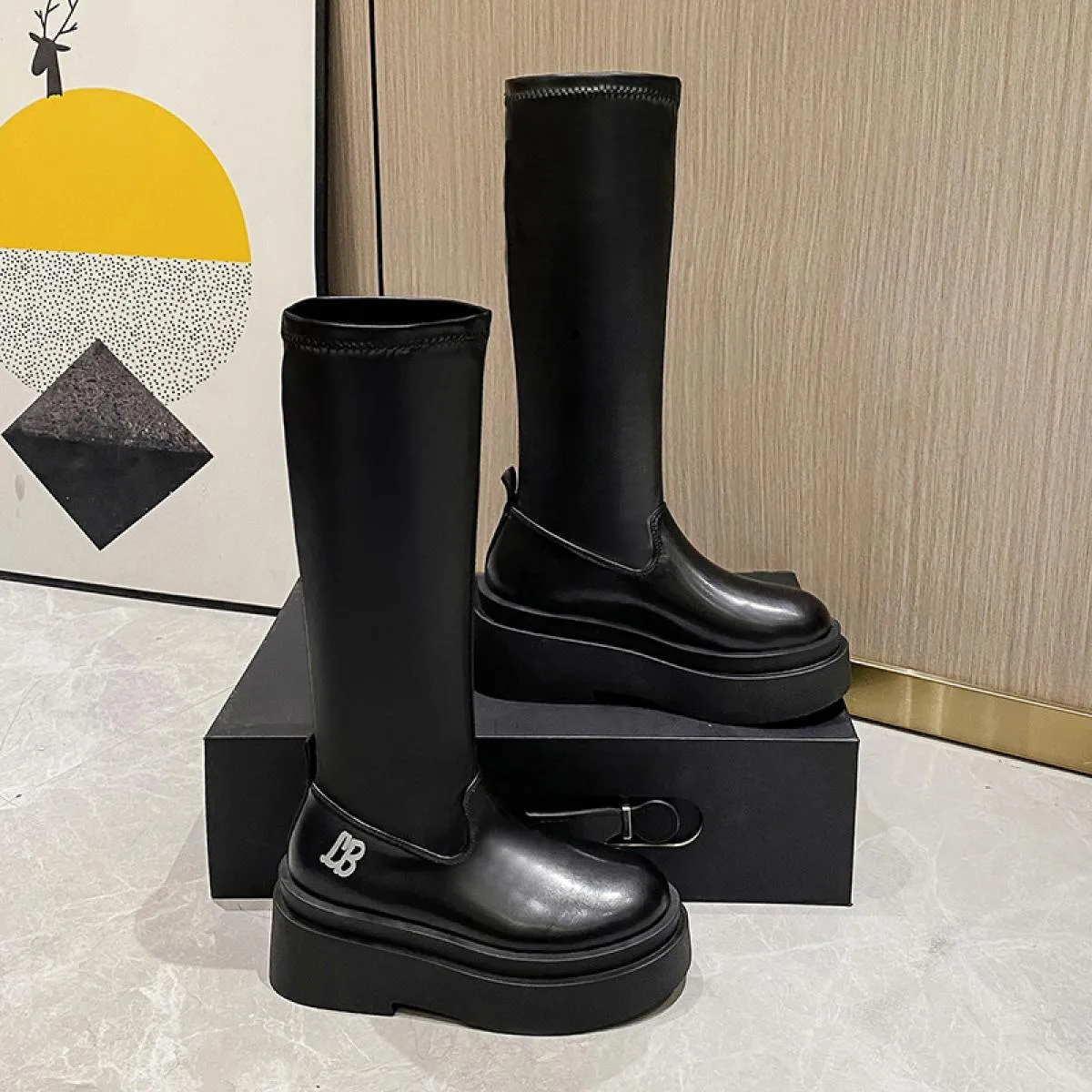 Stivali alti al ginocchio da donna Stivali alti con fibbia in pelle con cerniera da donna Tacchi bassi da donna Cintura con fibb