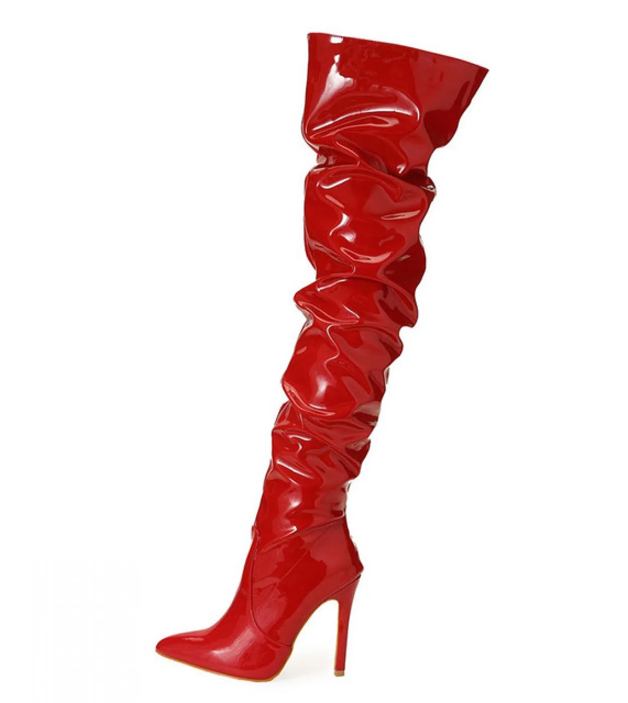 Stivali alti alla coscia da donna con pieghe in pelle verniciata moda stile stella Stivali alti sopra il ginocchio con tacchi al