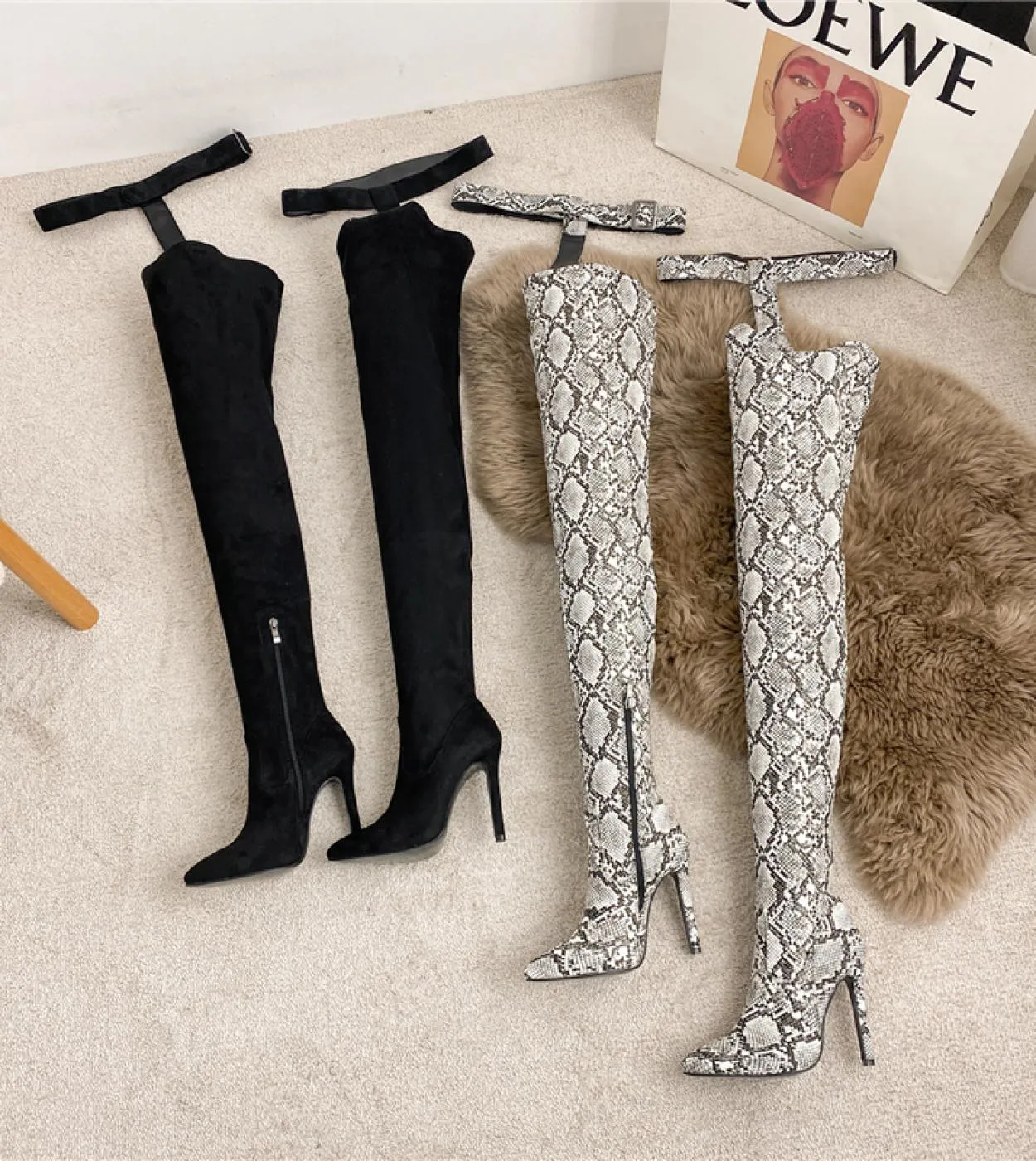 Stivali alti da donna marroni Stivali in pelle serpentina con cerniera fetish Stivali da donna Botas invernali da donna Scarpe l