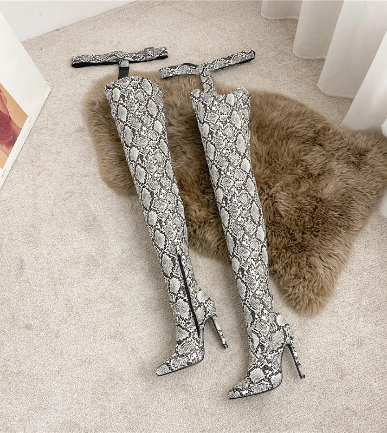Stivali alti da donna marroni Stivali in pelle serpentina con cerniera fetish Stivali da donna Botas invernali da donna Scarpe l