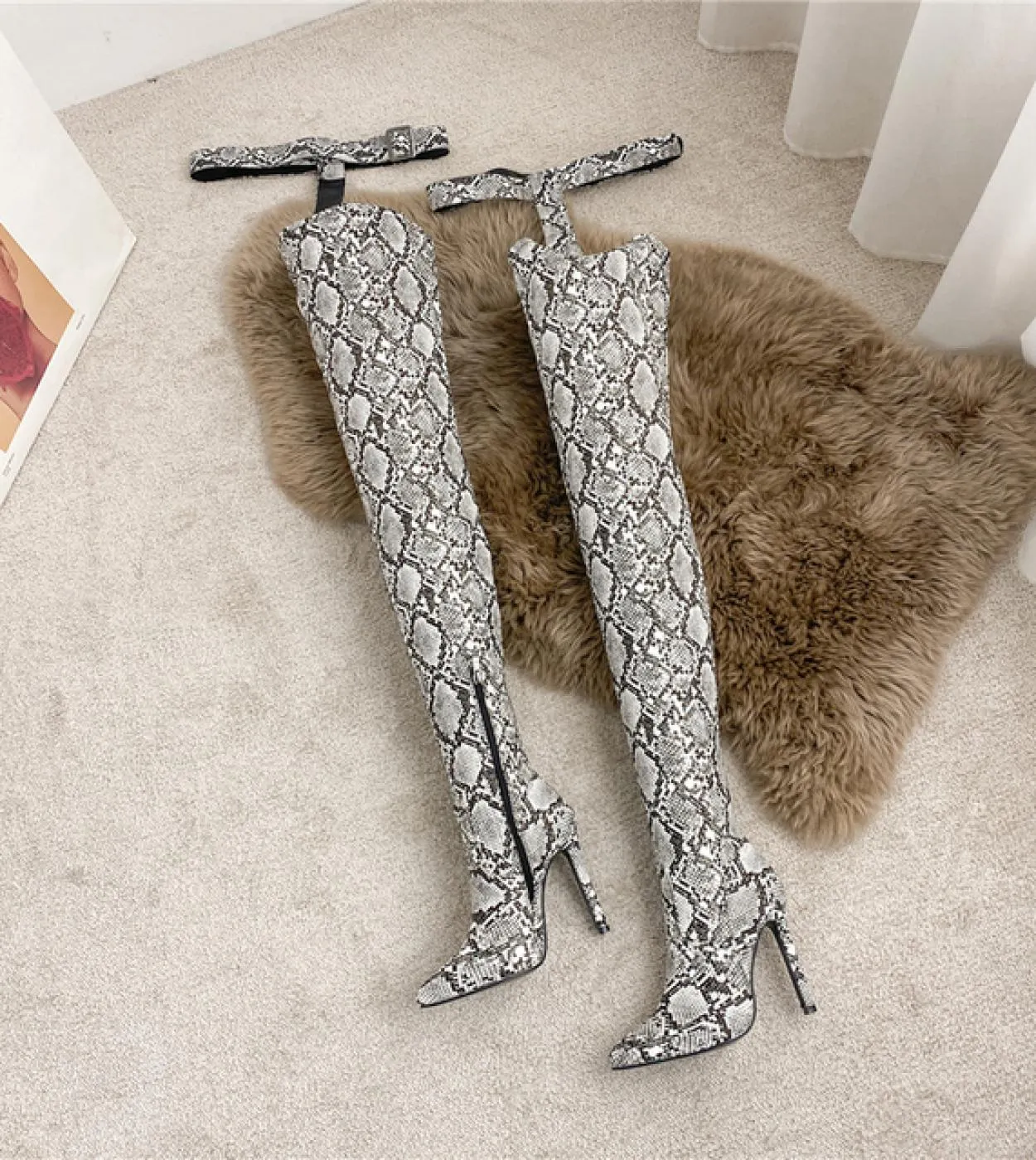 Stivali alti da donna marroni Stivali in pelle serpentina con cerniera fetish Stivali da donna Botas invernali da donna Scarpe l