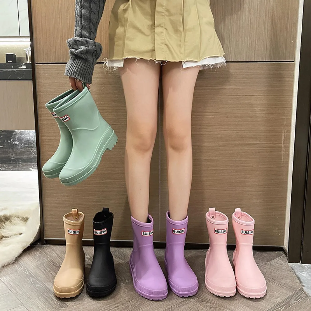 Stivali da pioggia da donna Impermeabili antiscivolo Stivali da pioggia a metà polpaccio Scarpe di gomma in PVC Punta tonda Copr