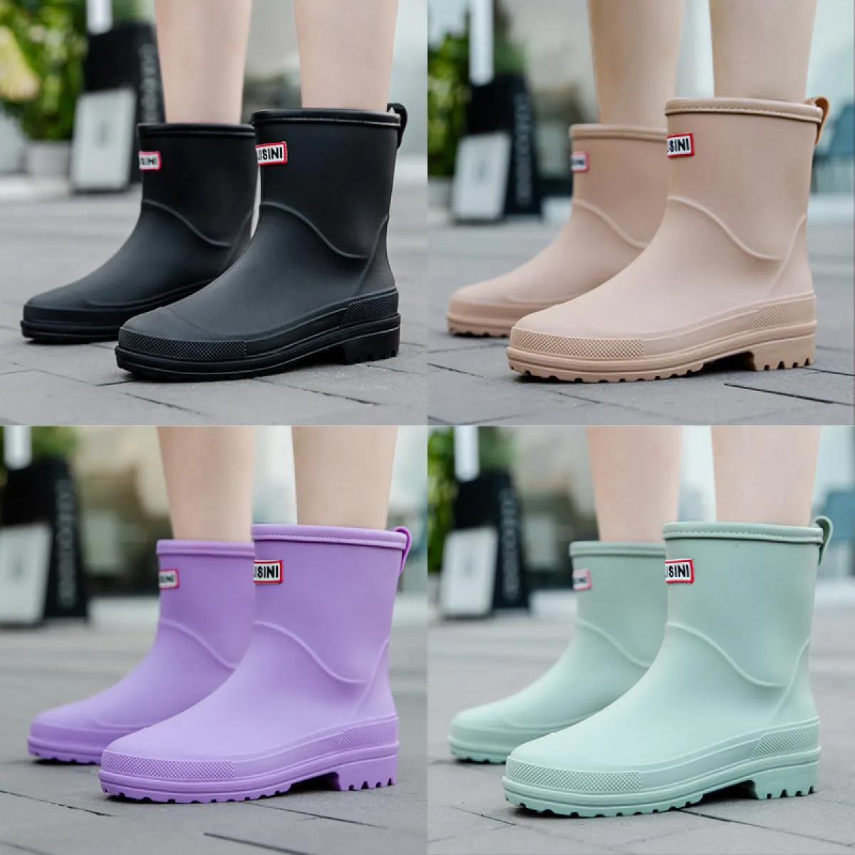 Stivali da pioggia da donna Impermeabili antiscivolo Stivali da pioggia a metà polpaccio Scarpe di gomma in PVC Punta tonda Copr
