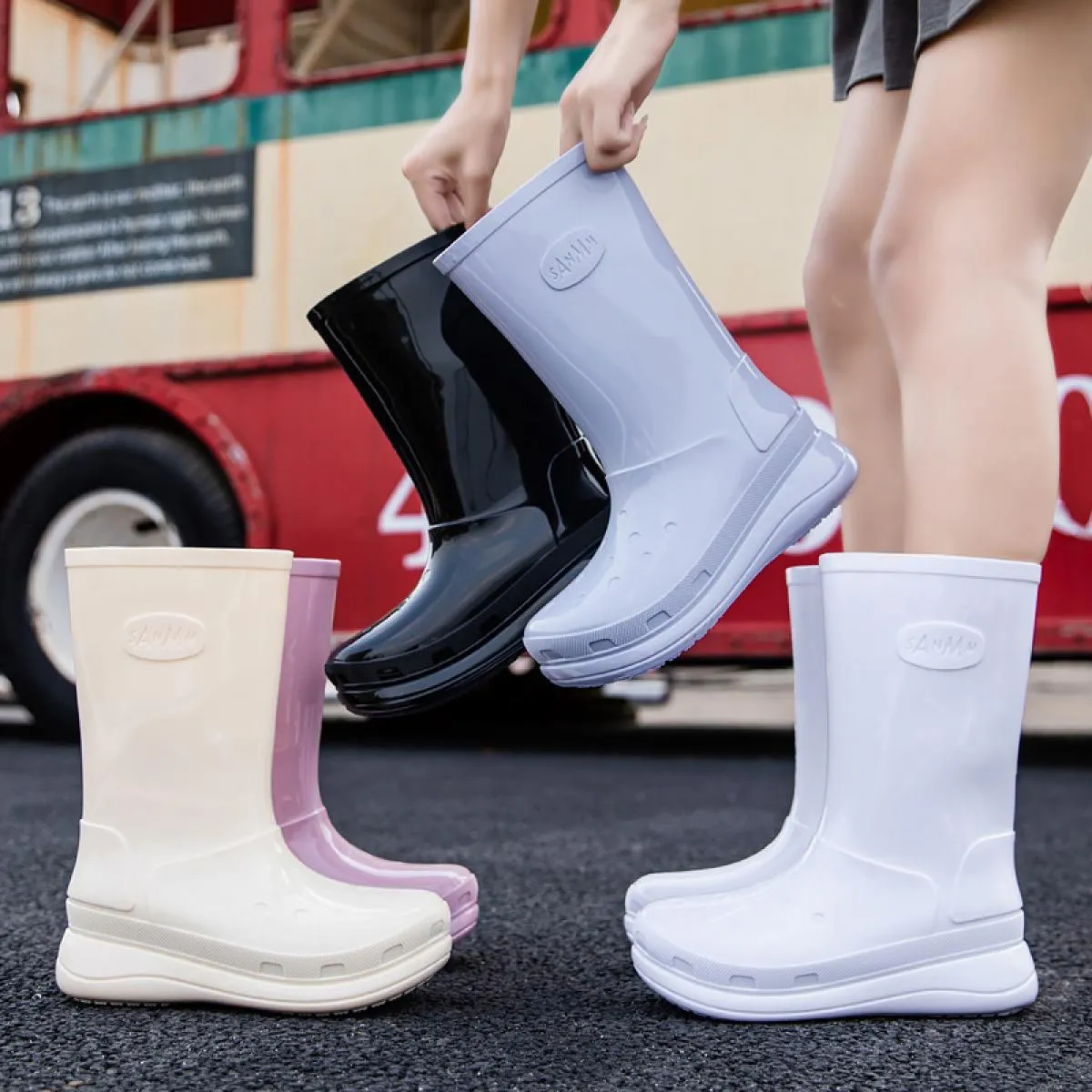 Stivali da pioggia da donna Stivali robusti con plateau a metà polpaccio Stivali impermeabili con aumento di altezza Scarpe da p