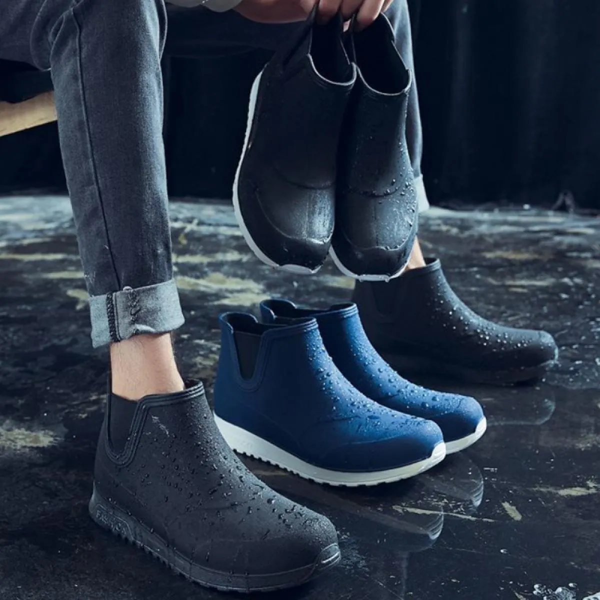 Stivali da pioggia da uomo stile testa tonda stivali corti antiscivolo da esterno fondo morbido scarpe impermeabili da cucina Za