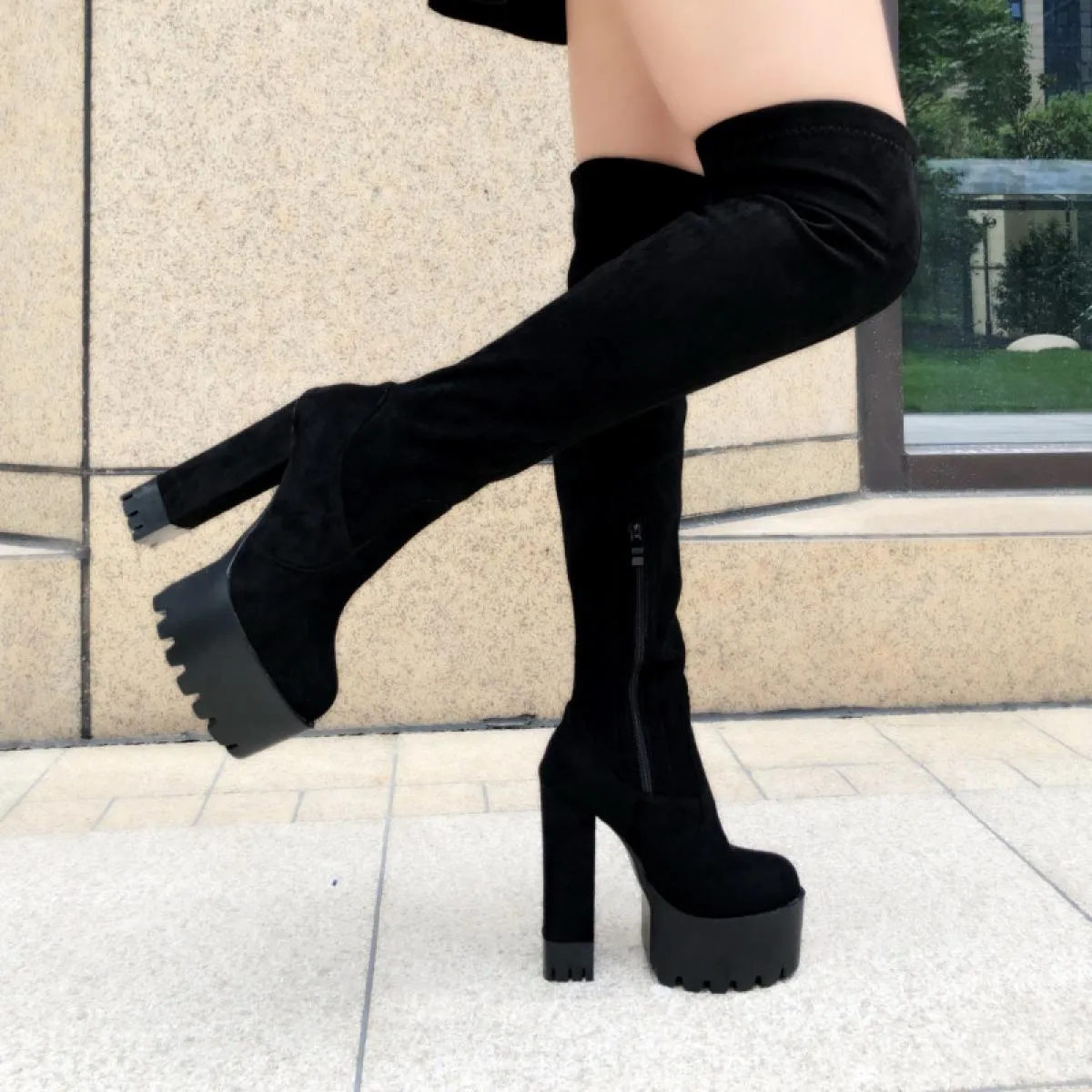 Stivali lunghi sopra il ginocchio Stivali da donna in pelle scamosciata con tacco alto 14 cm Stivali impermeabili con plateau e