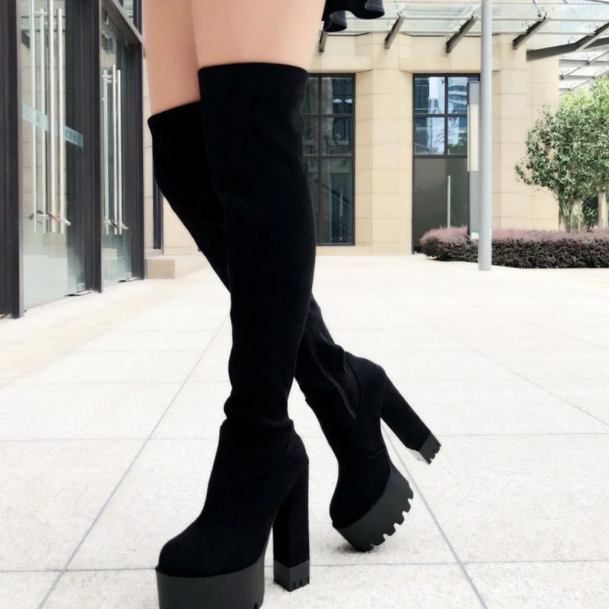 Stivali lunghi sopra il ginocchio Stivali da donna in pelle scamosciata con tacco alto 14 cm Stivali impermeabili con plateau e