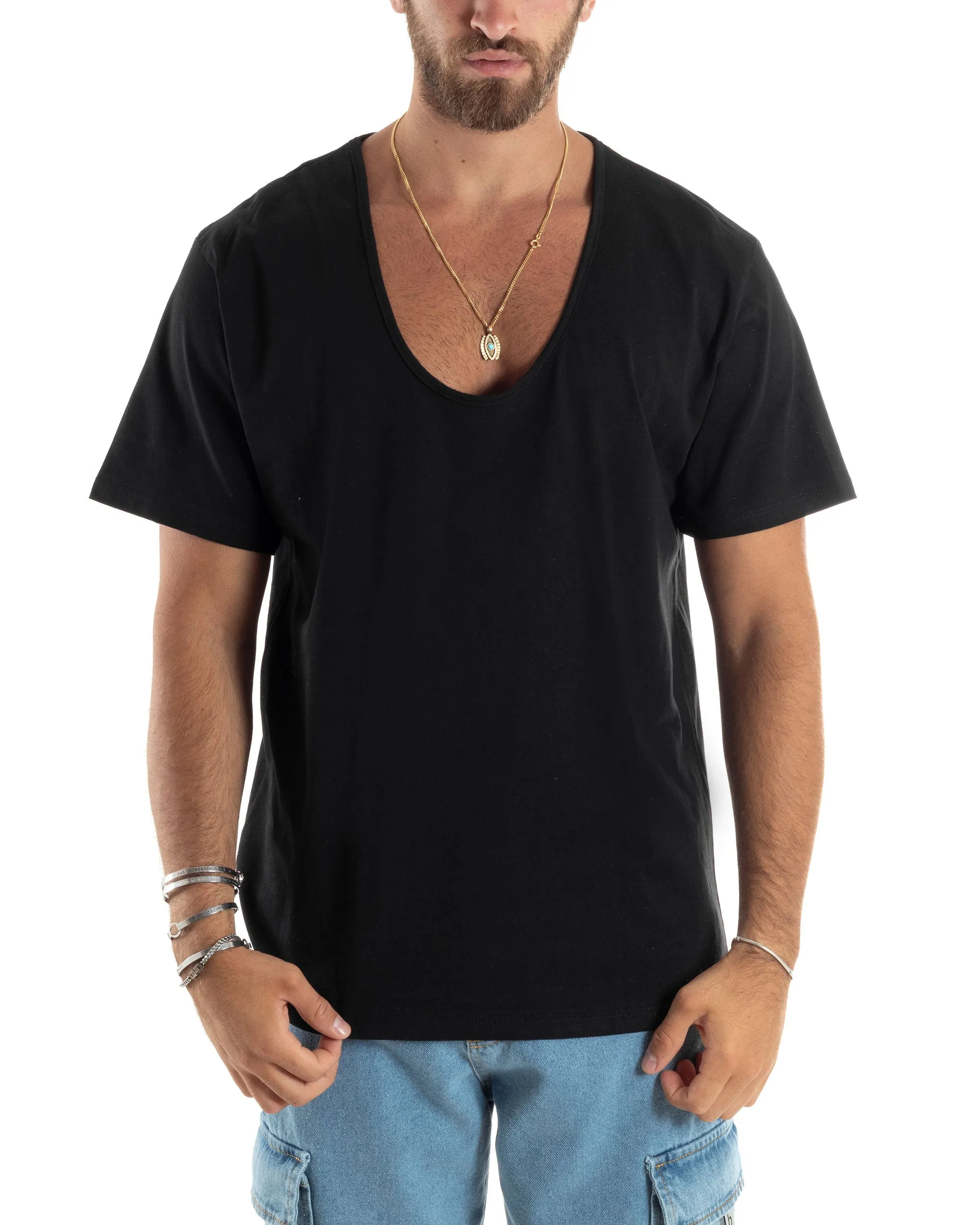 T-shirt Uomo Mezze Maniche Scollo Ampio Rotondo Scollo Profondo Sottogiacca Basic Casual Regular Fit Tinta Unita Nero GIOSAL-TS3