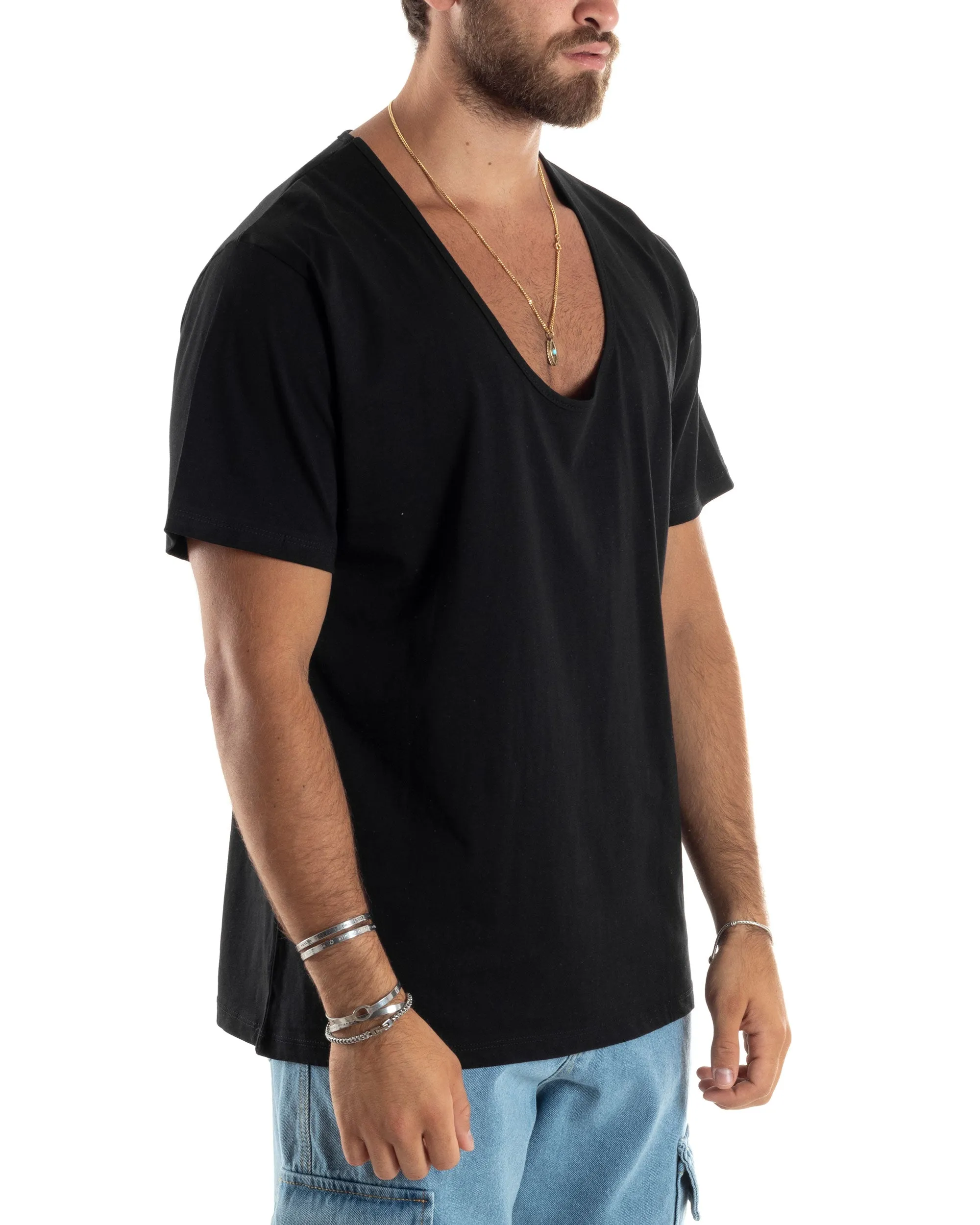 T-shirt Uomo Mezze Maniche Scollo Ampio Rotondo Scollo Profondo Sottogiacca Basic Casual Regular Fit Tinta Unita Nero GIOSAL-TS3