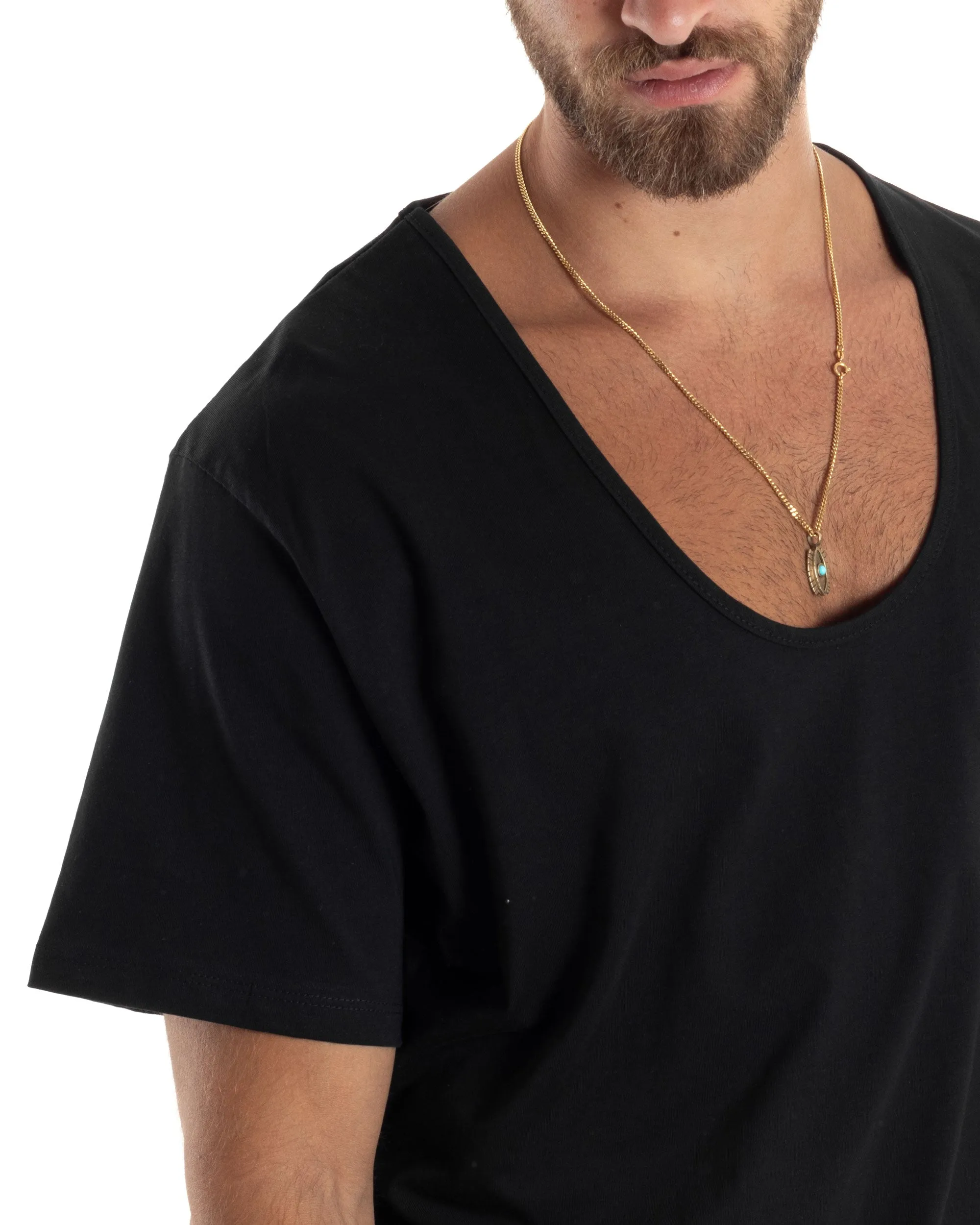 T-shirt Uomo Mezze Maniche Scollo Ampio Rotondo Scollo Profondo Sottogiacca Basic Casual Regular Fit Tinta Unita Nero GIOSAL-TS3