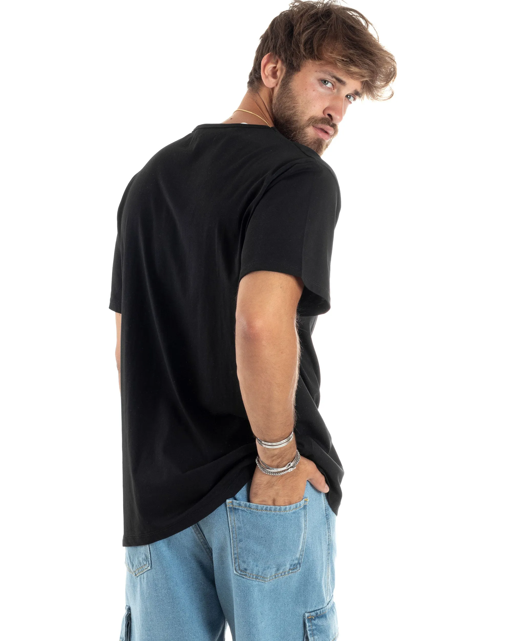 T-shirt Uomo Mezze Maniche Scollo Ampio Rotondo Scollo Profondo Sottogiacca Basic Casual Regular Fit Tinta Unita Nero GIOSAL-TS3
