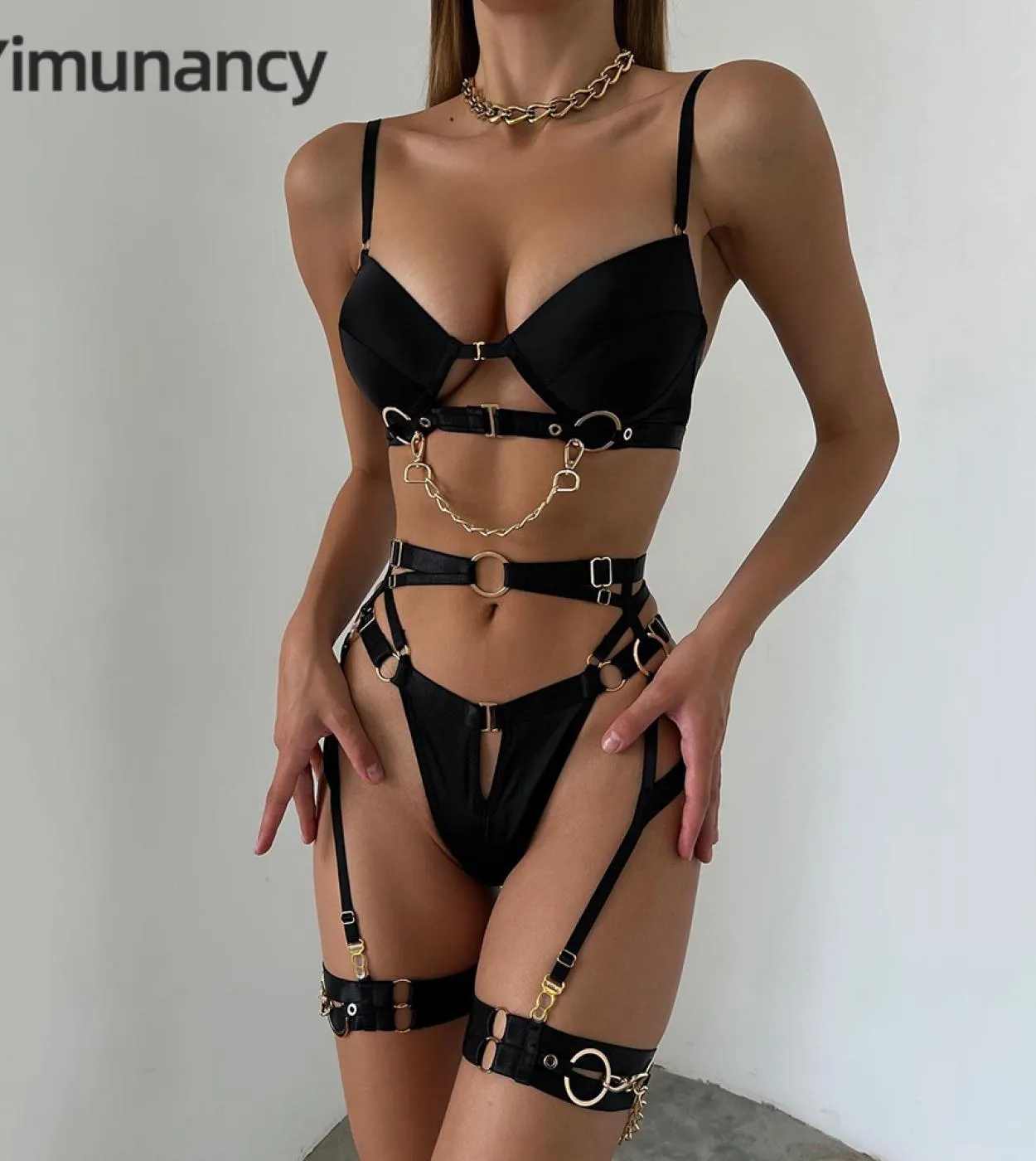 Yimunancy Set di biancheria intima imbottita da 3 pezzi Set gotico decorato a catena da donna Set slip rosso Set reggiseno e sli
