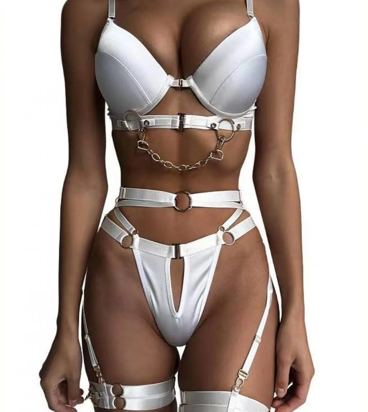 Yimunancy Set di biancheria intima imbottita da 3 pezzi Set gotico decorato a catena da donna Set slip rosso Set reggiseno e sli