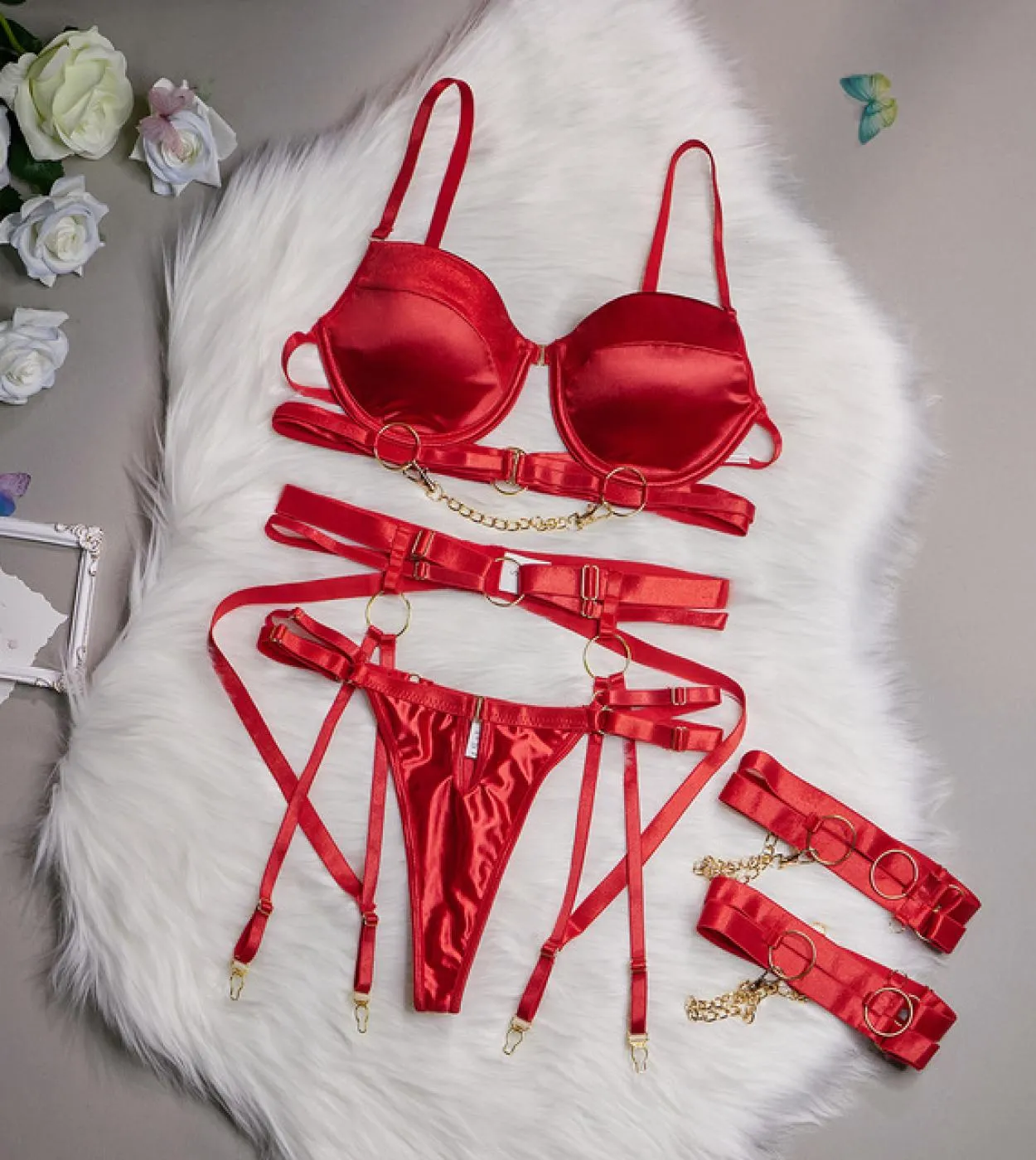 Yimunancy Set di biancheria intima imbottita da 3 pezzi Set gotico decorato a catena da donna Set slip rosso Set reggiseno e sli